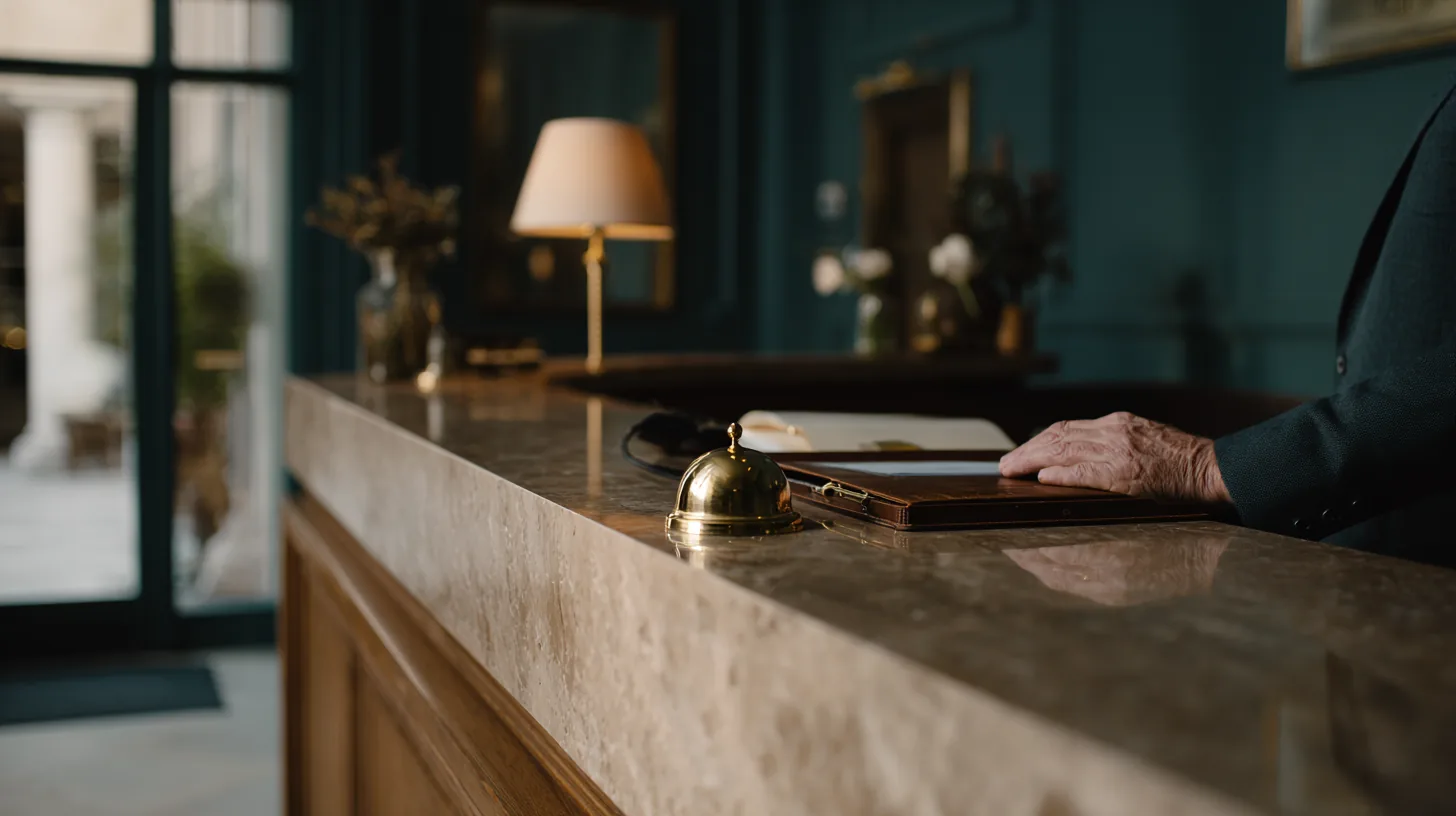 Small hotel reception desk in pale oak and stone
