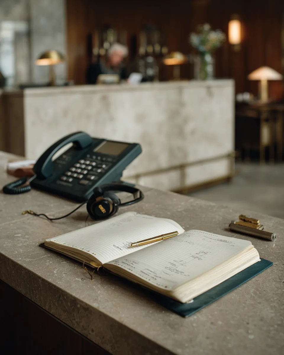 Reservations desk with a headset, diary and telephone