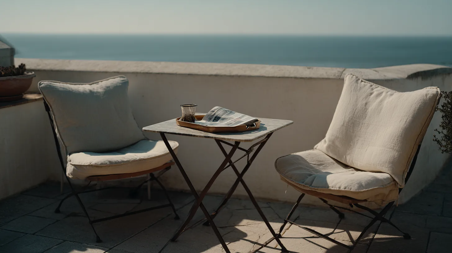Empty hotel terrace in early morning light with two linen chairs
