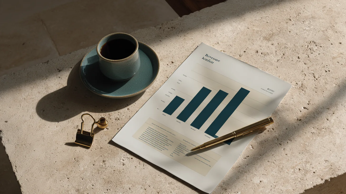Printed revenue report with a chart, coffee to one side