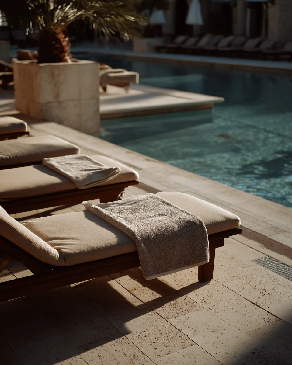 Resort pool terrace at first light, loungers empty