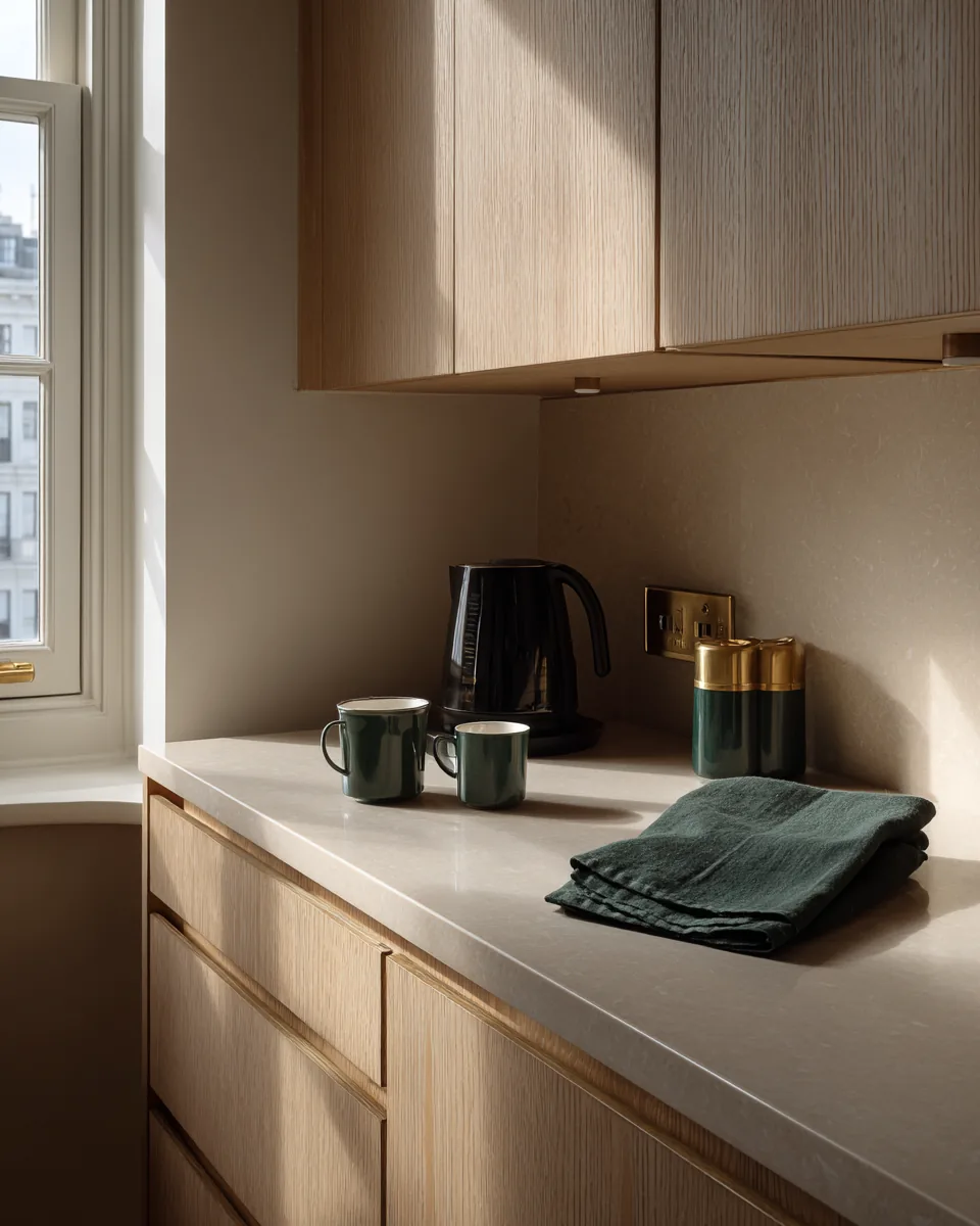 Kitchen corner of a serviced apartment in pale oak